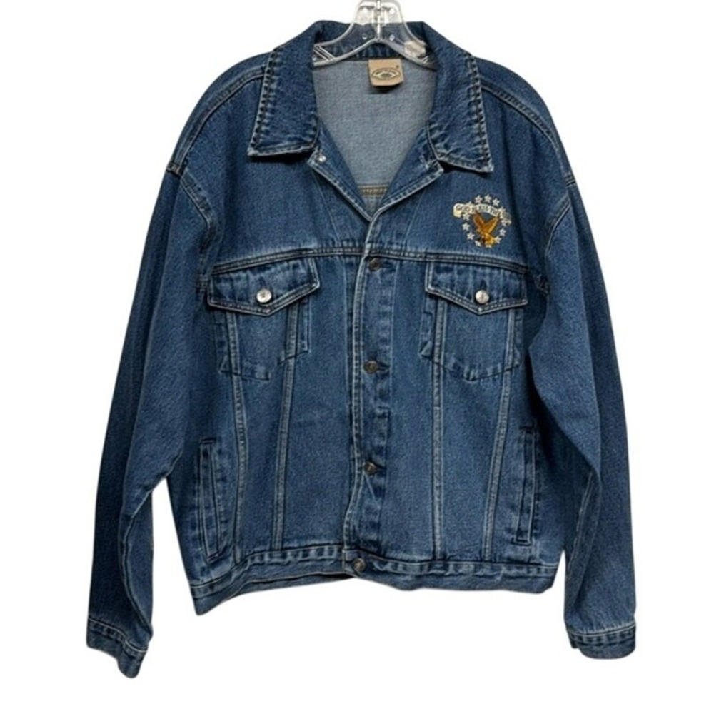 Vintage Y2K Most Wanted Wolf God Bless The USA‎ Embroidered Denim Jacket Size XL